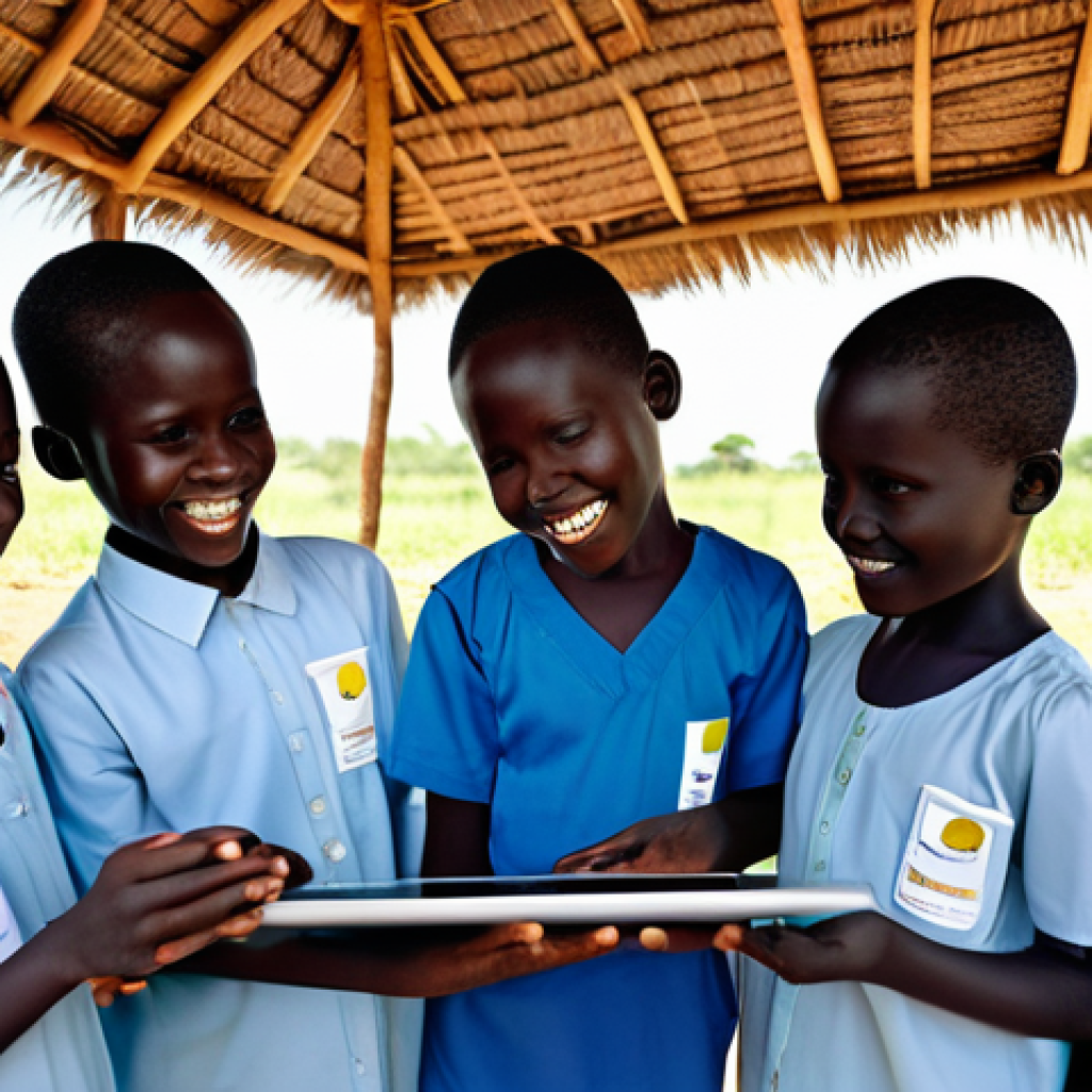 남수단과 한국 관계 - A group of South Sudanese children, aged 6-12, smiling brightly and wearing modest, colorful clothin...