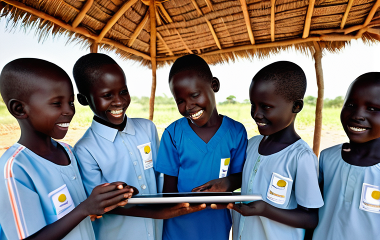 남수단과 한국 관계 - A group of South Sudanese children, aged 6-12, smiling brightly and wearing modest, colorful clothin...