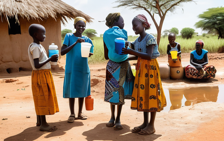 남수단과 한국 관계 - A group of South Sudanese children, aged 6-12, smiling brightly and wearing modest, colorful clothin...