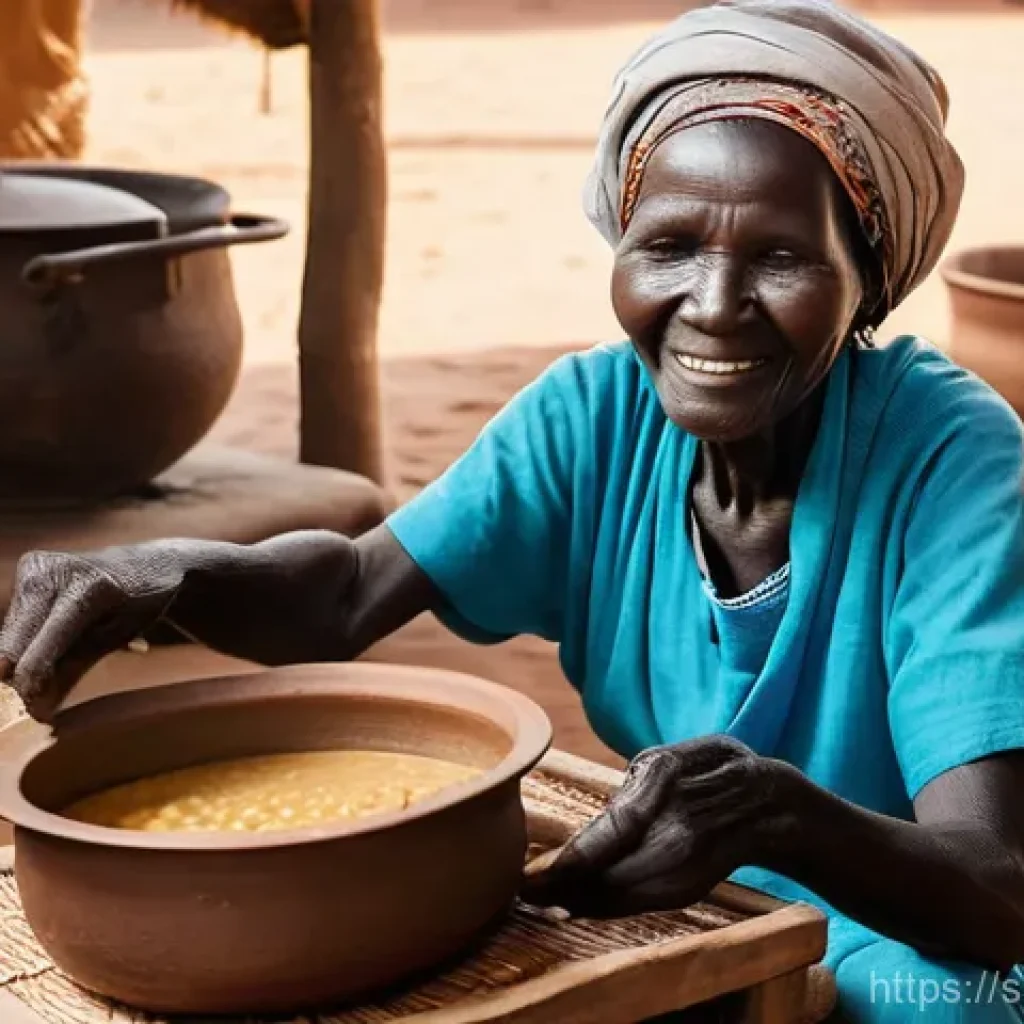 남수단 대표 요리 - A heartwarming scene of an elderly South Sudanese woman, her face etched with wisdom and a gentle sm...