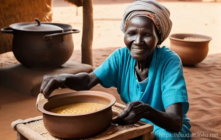 남수단 대표 요리 - A heartwarming scene of an elderly South Sudanese woman, her face etched with wisdom and a gentle sm...
