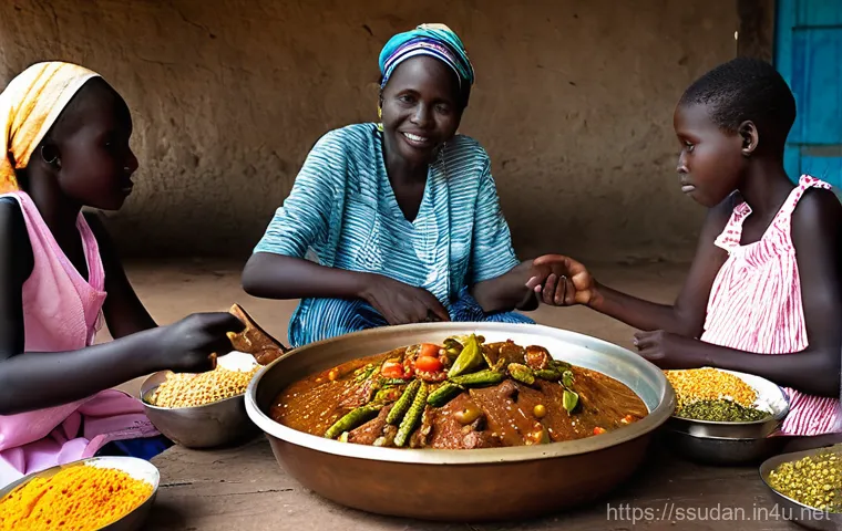 남수단 대표 요리 - A heartwarming scene of an elderly South Sudanese woman, her face etched with wisdom and a gentle sm...