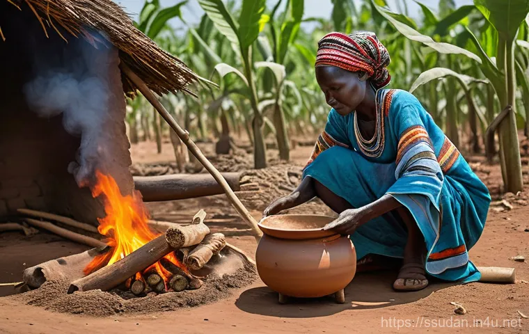 남수단 대표 요리 - A vibrant and communal image depicting a South Sudanese family gathered around a low table, sharing ...