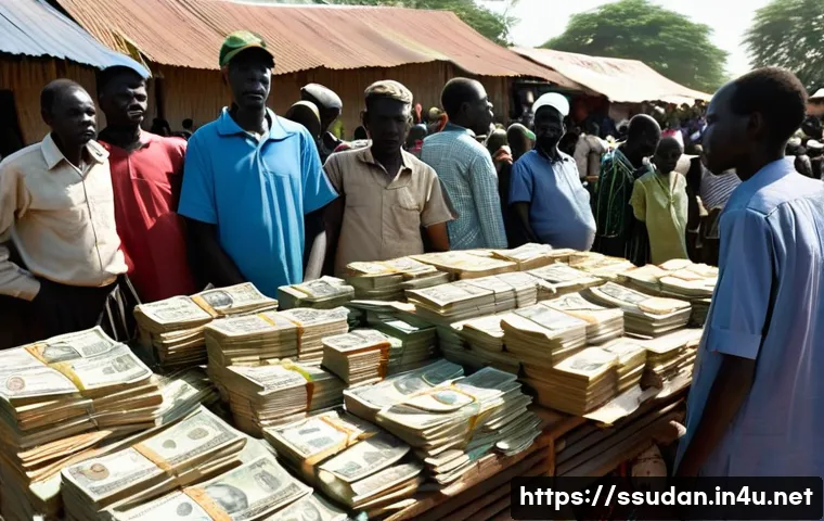 남수단 화폐 및 환율 - **Prompt for South Sudan's Economic Struggle and Inflation:**
    "A vibrant but challenging scene i...