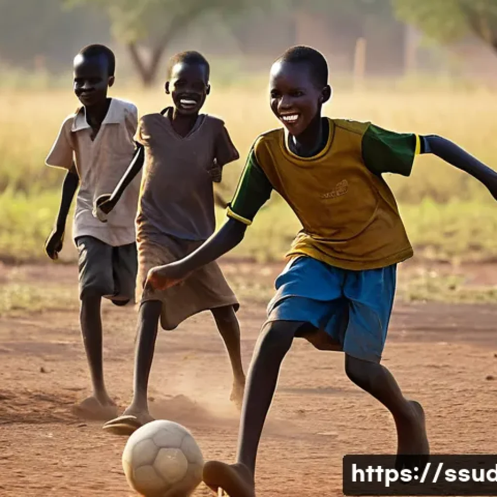남수단 대표 축구팀 - A group of South Sudanese children, aged approximately 8-15, are playing football on a dry, dusty fi...
