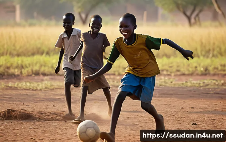 남수단 대표 축구팀 - A group of South Sudanese children, aged approximately 8-15, are playing football on a dry, dusty fi...