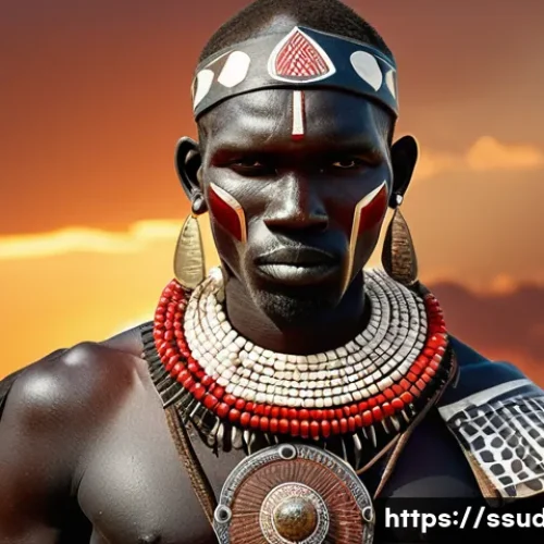 남수단의 전통 무기와 전사 문화 - A detailed portrait of a South Sudanese warrior from the Dinka tribe wearing traditional battle atti...