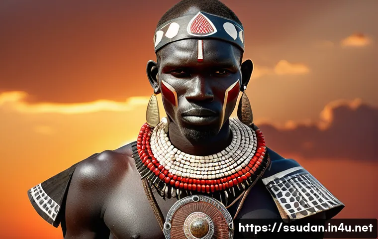 남수단의 전통 무기와 전사 문화 - A detailed portrait of a South Sudanese warrior from the Dinka tribe wearing traditional battle atti...