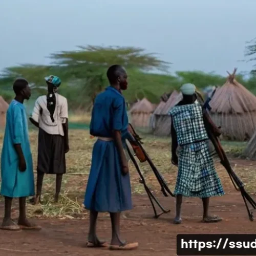 남수단의 주요 범죄 유형 - A tense scene depicting armed conflict between two South Sudanese ethnic groups, Nuer and Dinka, in ...