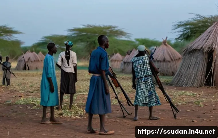 남수단의 주요 범죄 유형 - A tense scene depicting armed conflict between two South Sudanese ethnic groups, Nuer and Dinka, in ...