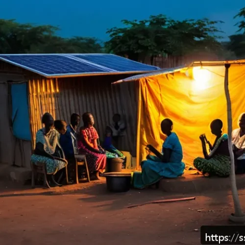 남수단에서 전기 사용 - A vibrant rural South Sudanese village at dusk, with families gathered around solar-powered LED ligh...