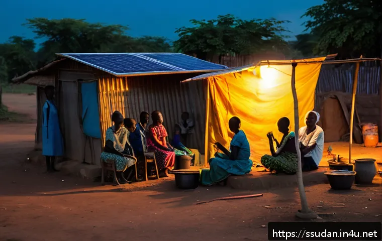 남수단에서 전기 사용 - A vibrant rural South Sudanese village at dusk, with families gathered around solar-powered LED ligh...