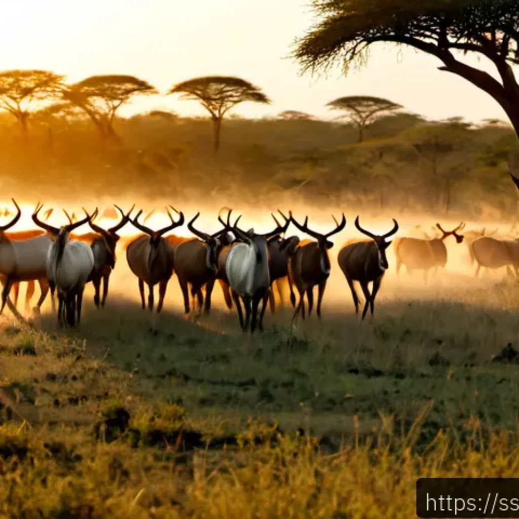 남수단의 야생동물 보호 구역 - Photorealistic wildlife panorama in a South Sudan conservation reserve at golden dawn, a large herd ...