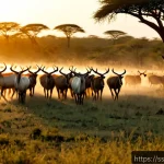 남수단의 야생동물 보호 구역 - Photorealistic wildlife panorama in a South Sudan conservation reserve at golden dawn, a large herd ...
