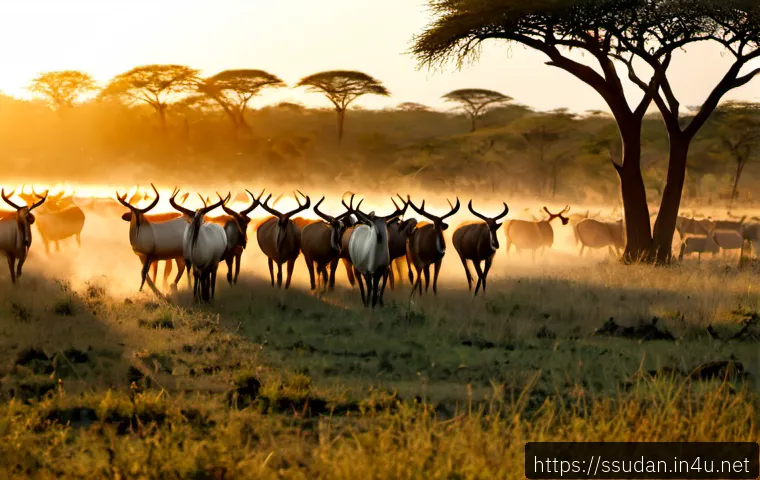 남수단의 야생동물 보호 구역 - Photorealistic wildlife panorama in a South Sudan conservation reserve at golden dawn, a large herd ...