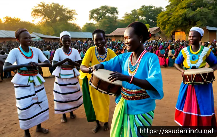 남수단 문화 축제 - Photorealistic South Sudan cultural festival in an open village gathering space, adult dancers in co...