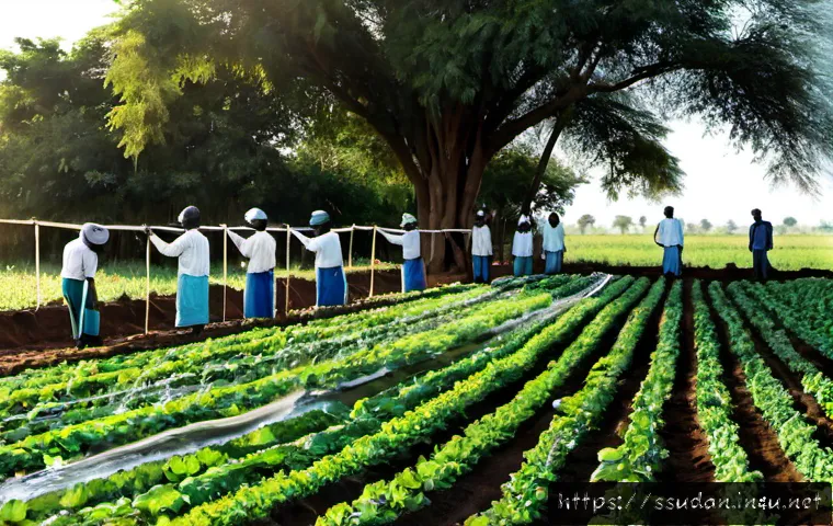 Home 17 남수단에서 농업 기술 발전 - Photorealistic rural South Sudanese farming cooperative using modern drip irrigation across neat veg...