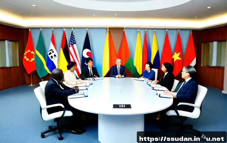 Home 17 남수단과 유럽연합 외교 관계 - Photorealistic diplomatic meeting between South Sudanese and European delegates in a bright modern c...