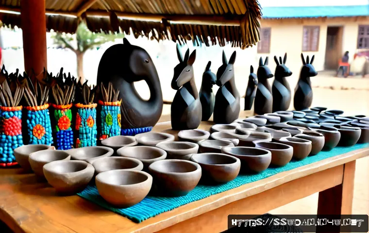 남수단의 공예품 및 기념품 - Photorealistic artisan market display of South Sudanese handicrafts and souvenirs, hand-carved dark ...