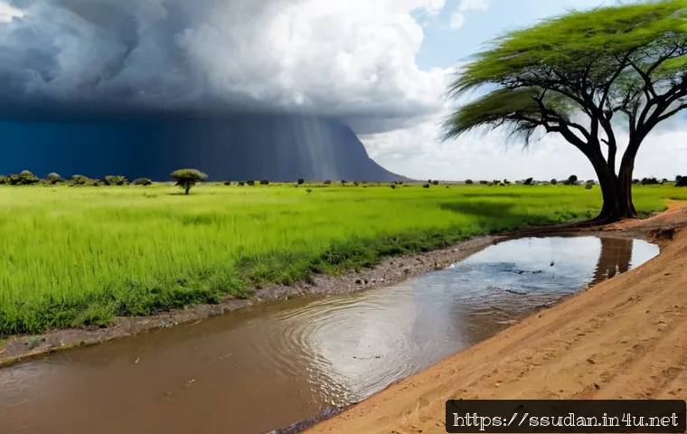 Home 17 남수단 우기와 건기 - Photorealistic split-season landscape in rural South Sudan, a single wide composition showing lush g...